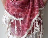 Dark Pink and Burgundy Flowered Scarf - with Beige Trim Edge