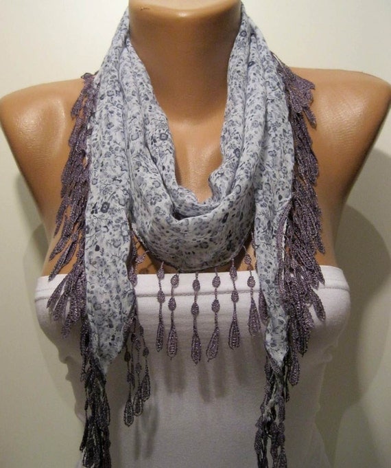 Grey and Flowered Elegance Shawl / Scarf with Lace Edge