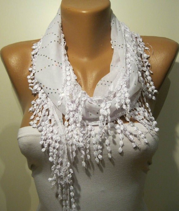 White Shawl - Scarf - Headband with Lace Edge - Silvery