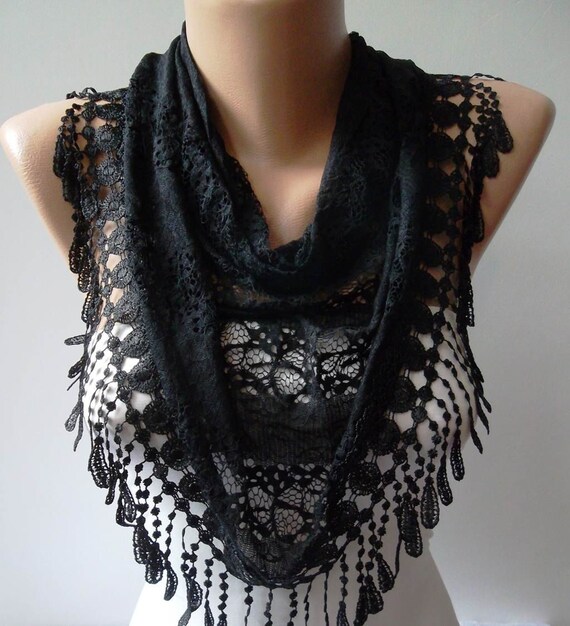 Triangular - Black Lace Shawl / Scarf with Black Trim Edge - Lace Scarf