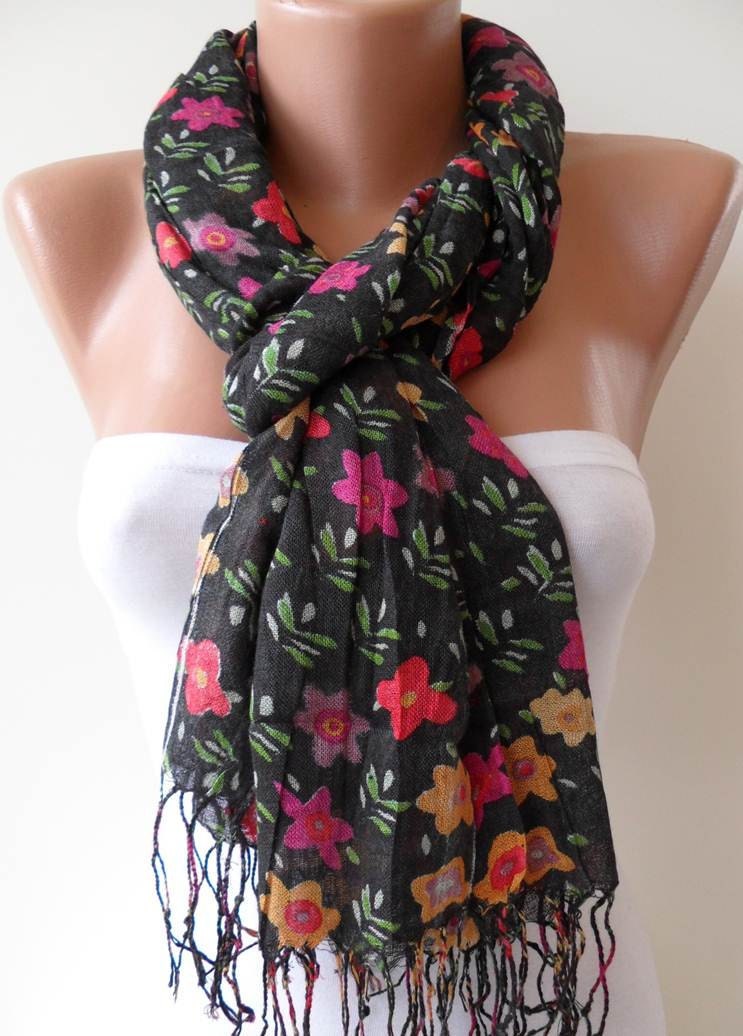 Black - Colorful Flowered Shawl / Scarf - Spring Trend