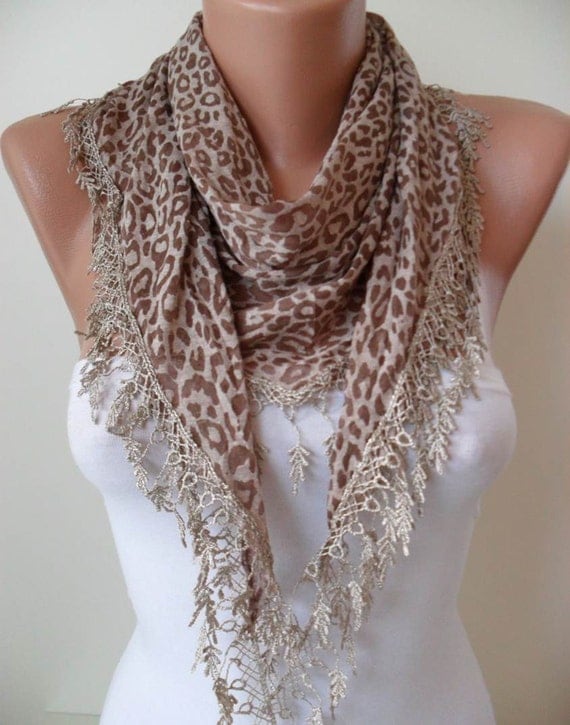 Brown - Leopard Print  Scarf with Trim Edge