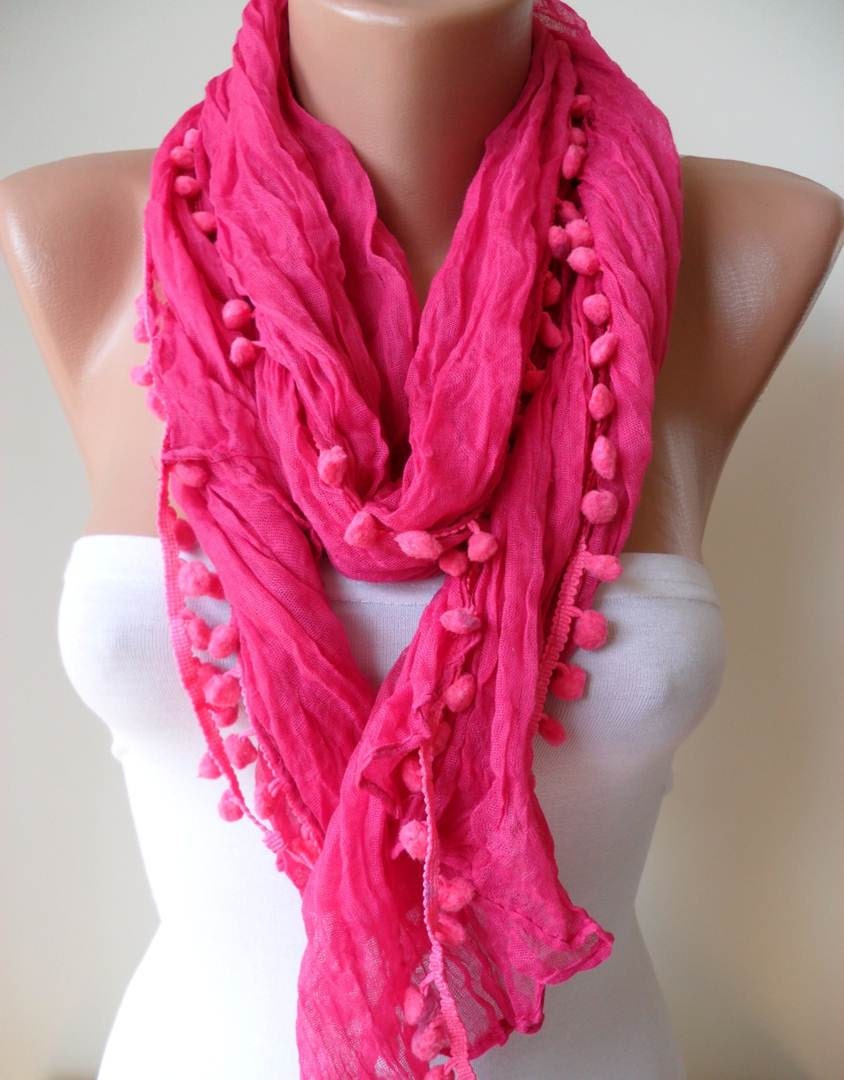 Pink Cotton Scarf with Pompom Trim --