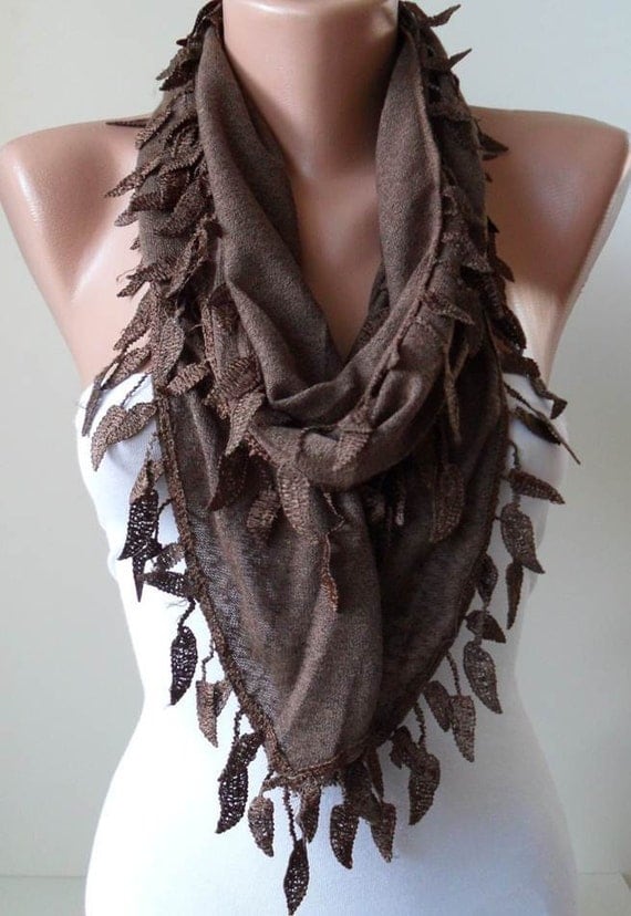 Brown Scarf - with Brown Lace Trim Edge Shaped Leaves