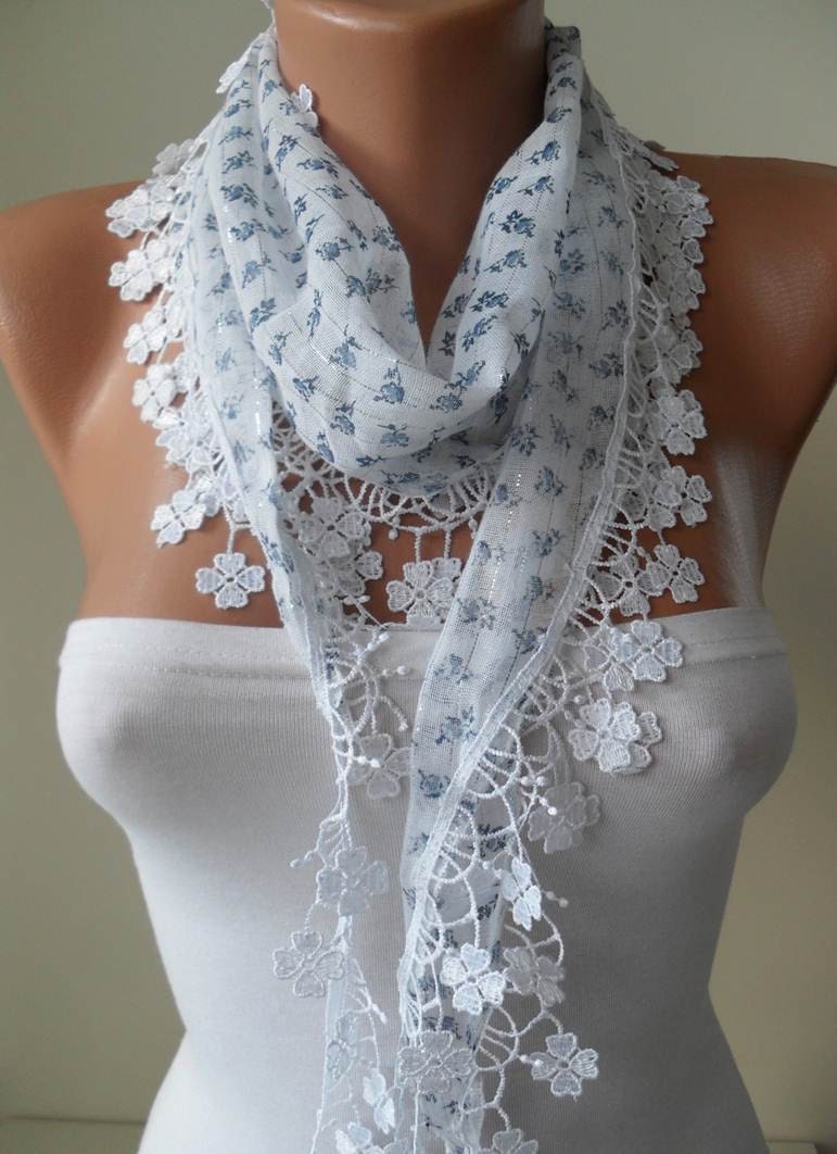 White Scarf with Blue Flowered Fabric - with White Trim Edge