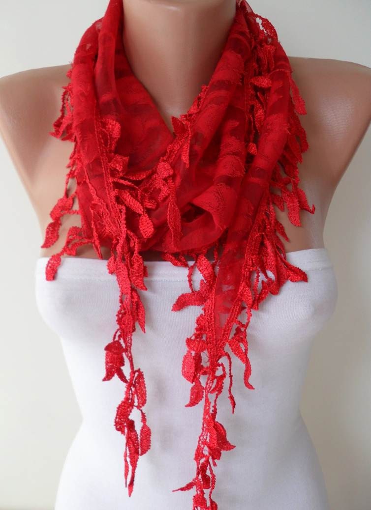 Red Scarf with Red Trim Edge Shaped Leaves