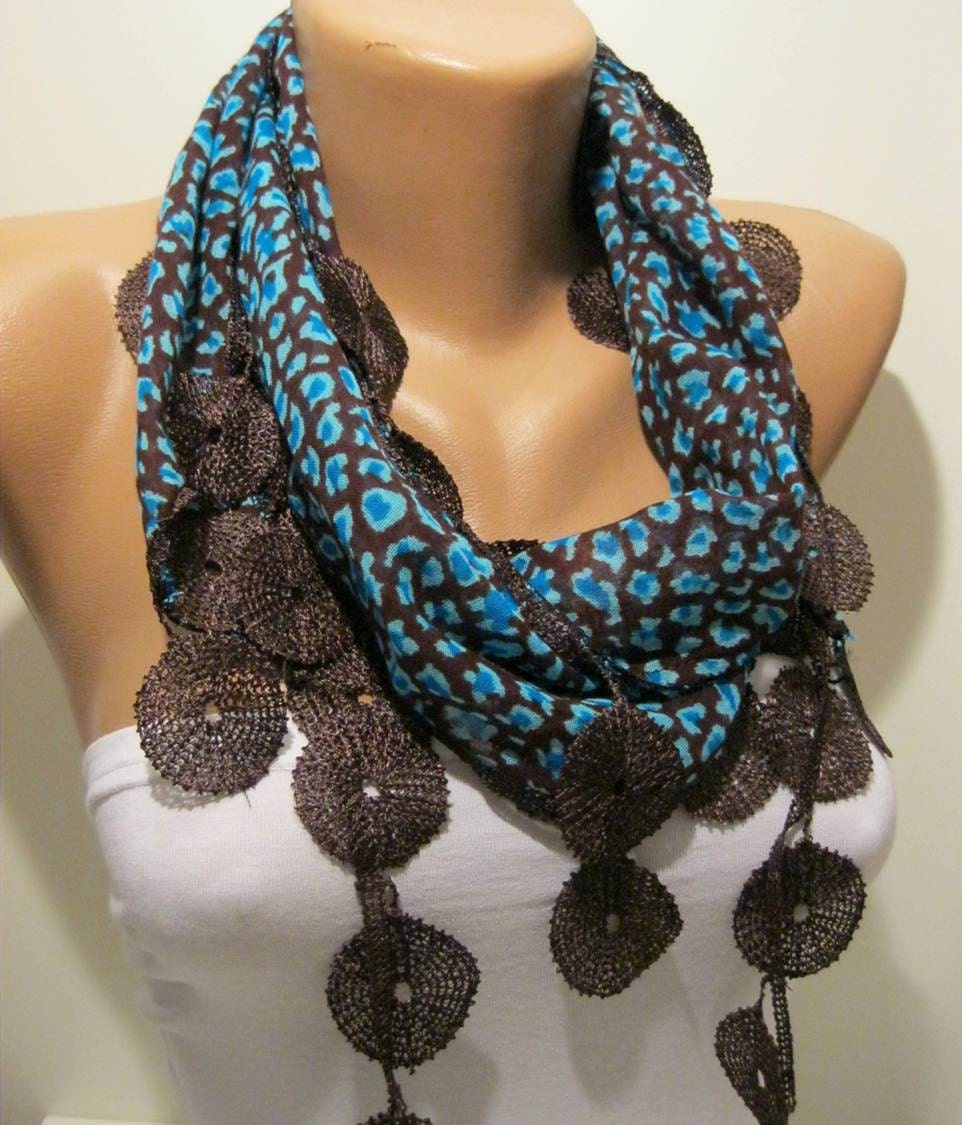 Blue and Brown - Leopard Print Fabric with Brown Trim Edge