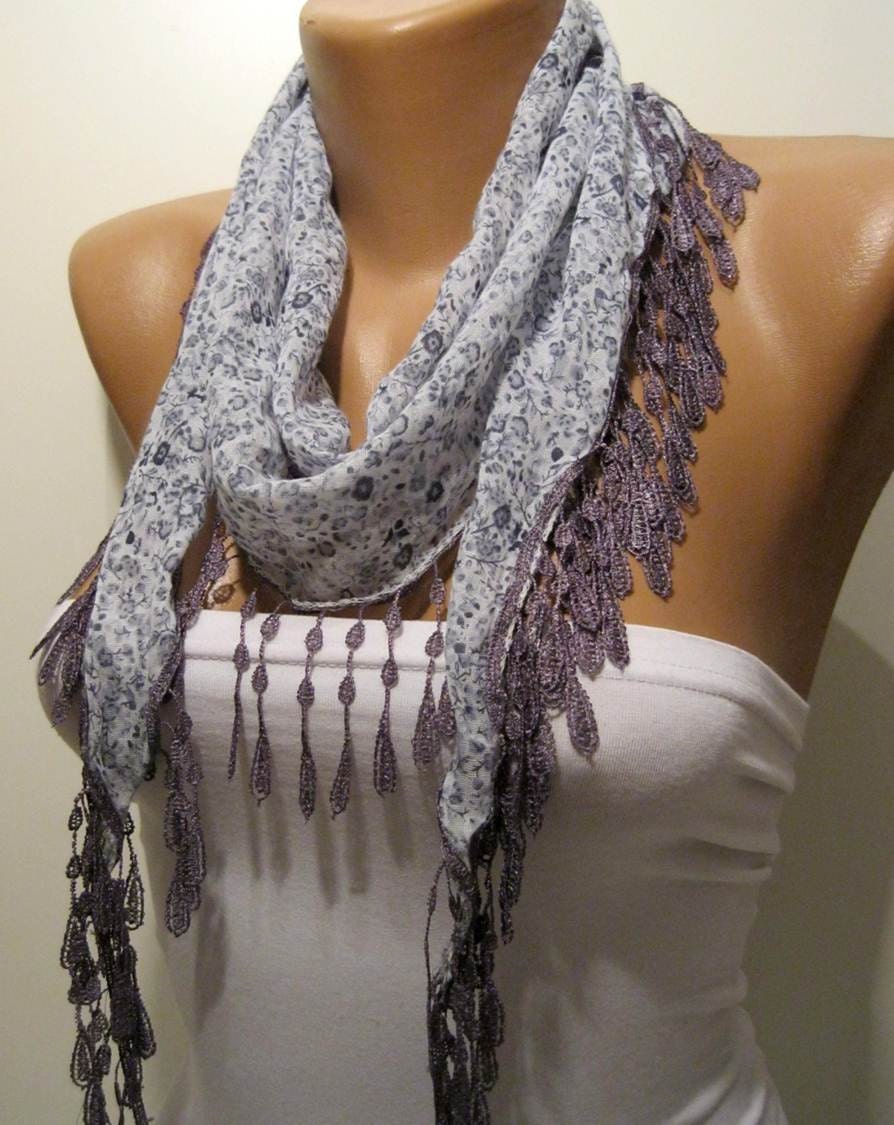 Grey and Flowered Elegance Shawl / Scarf with Lace Edge
