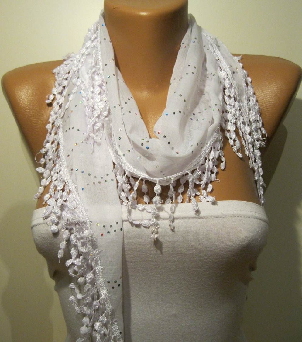 White Shawl - Scarf - Headband with Lace Edge - Silvery