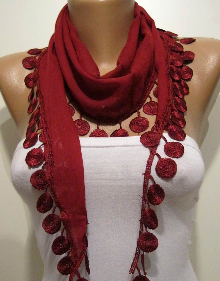 Burgundy and Elegance Shawl / Scarf with Lace Edge
