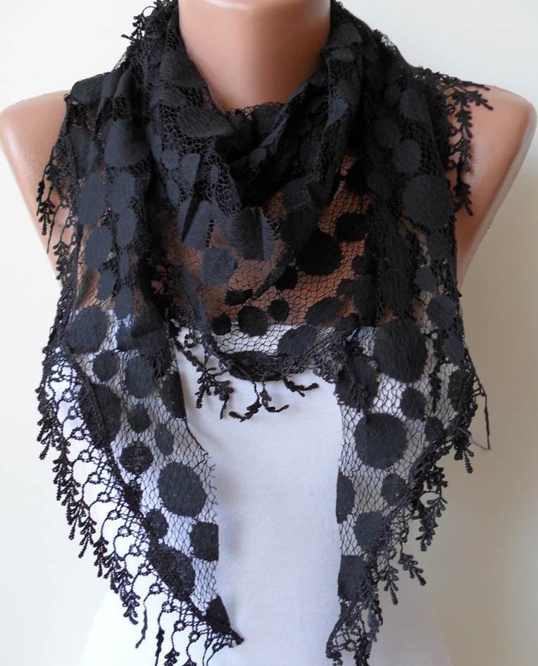 Mother's Day - Black Lace Scarf - Polka Dot Patterned Tulle Scarf with Black Trim