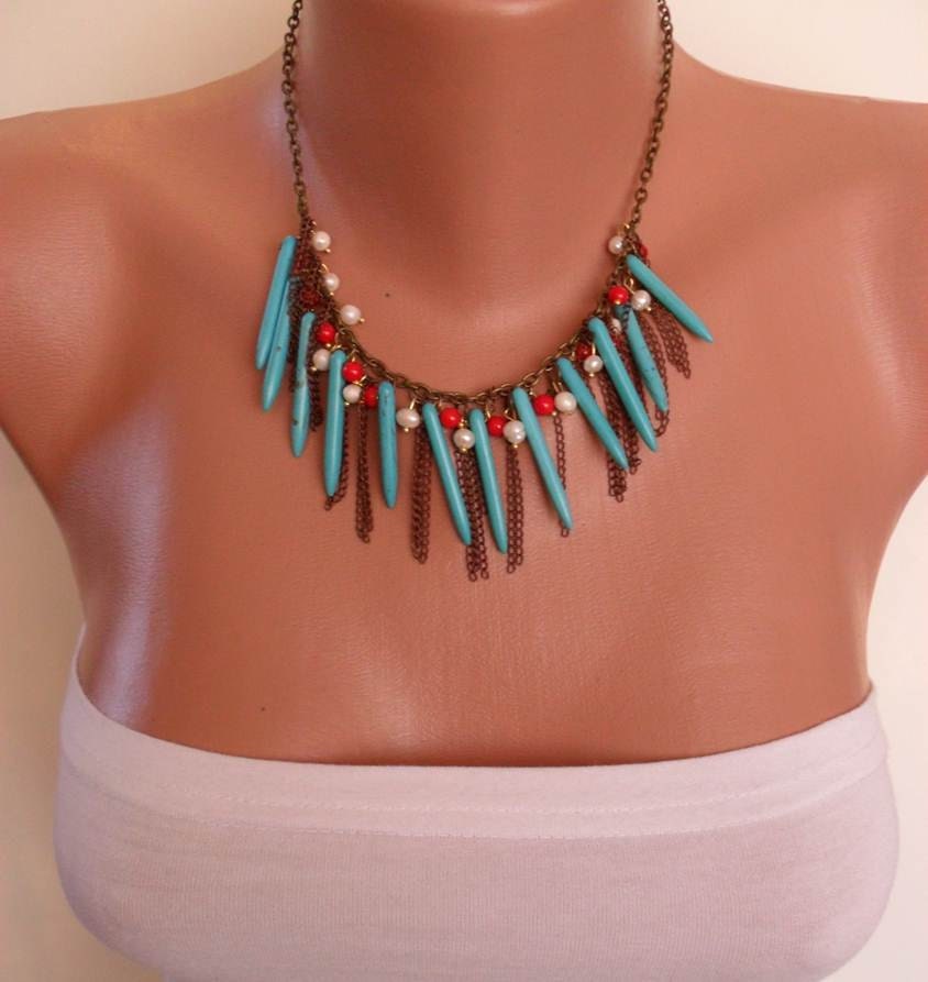 Turquoise - Coral and Pearl Necklace with Chain - Speacial Design