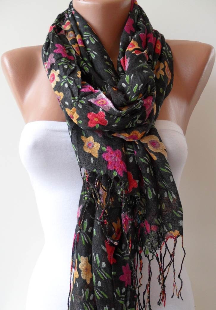Black - Colorful Flowered Shawl / Scarf - Spring Trend