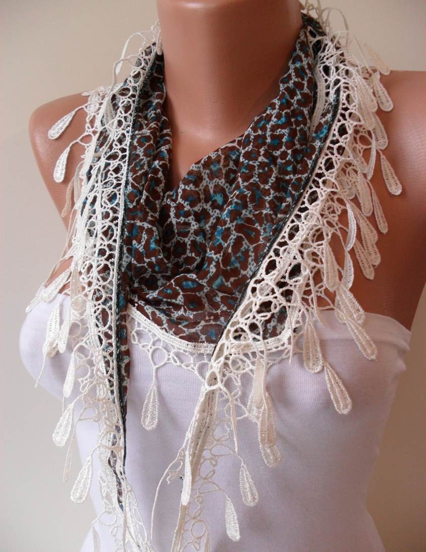 Green and Brown Leopard Shawl / Scarf with Lace Edge - NEW SPRING TREND