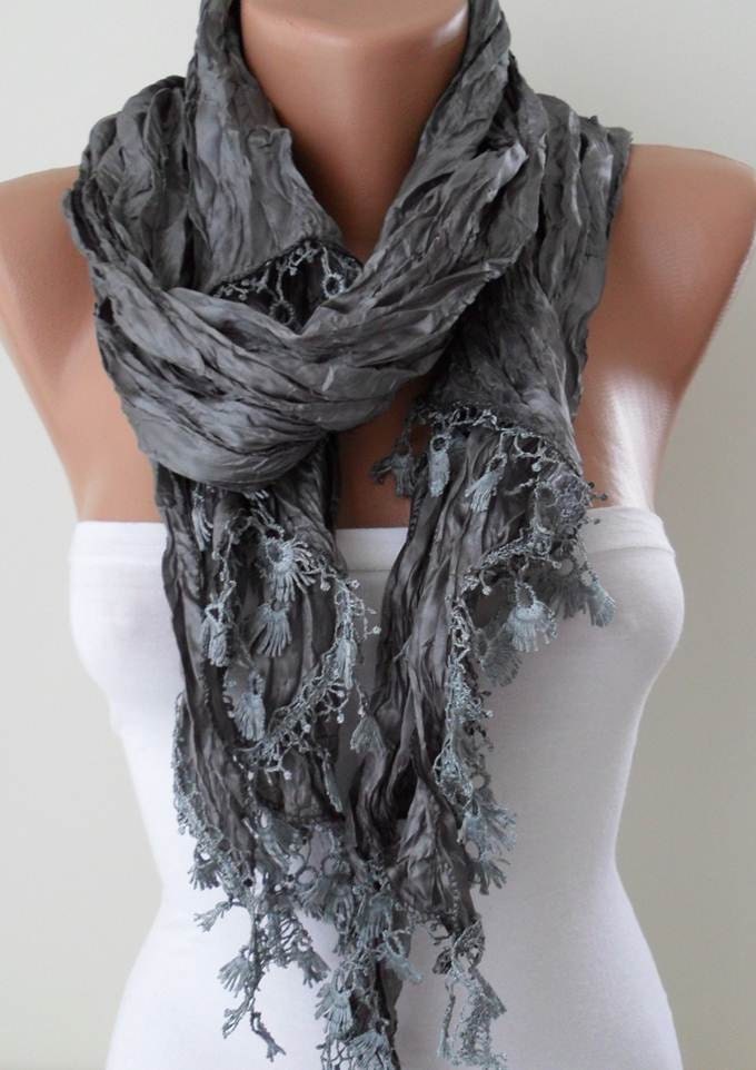ON SALE - Grey Satin Scarf with Trim Edge