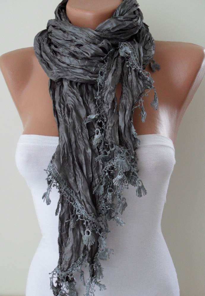 ON SALE - Grey Satin Scarf with Trim Edge