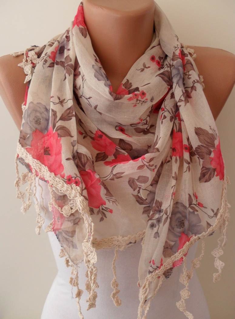 Pink and Flowered Shawl / Scarf - with Lace Edge