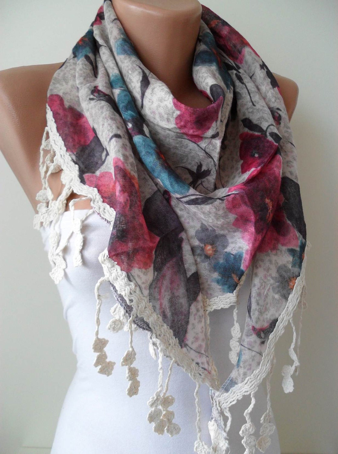 Beige-Pink and Blue - Flowered - Triangular Scarf - with Beige Trim Edge