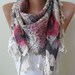 Beige-Pink and Blue - Flowered - Triangular Scarf - with Beige Trim Edge