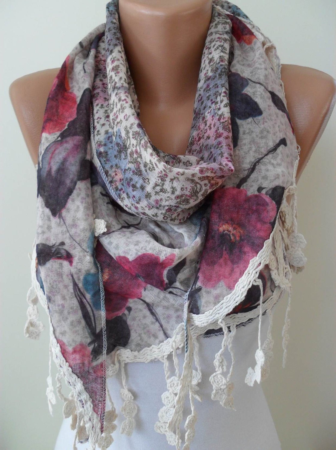 Beige-Pink and Blue - Flowered - Triangular Scarf - with Beige Trim Edge