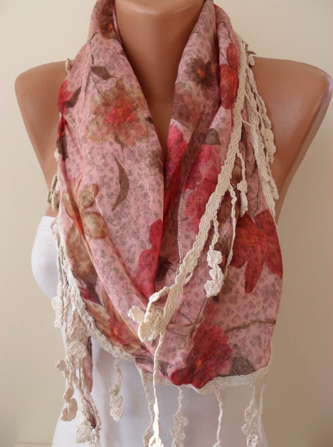 Pink and Peach - Flowered - Triangle Shawl - with Beige Trim Edge