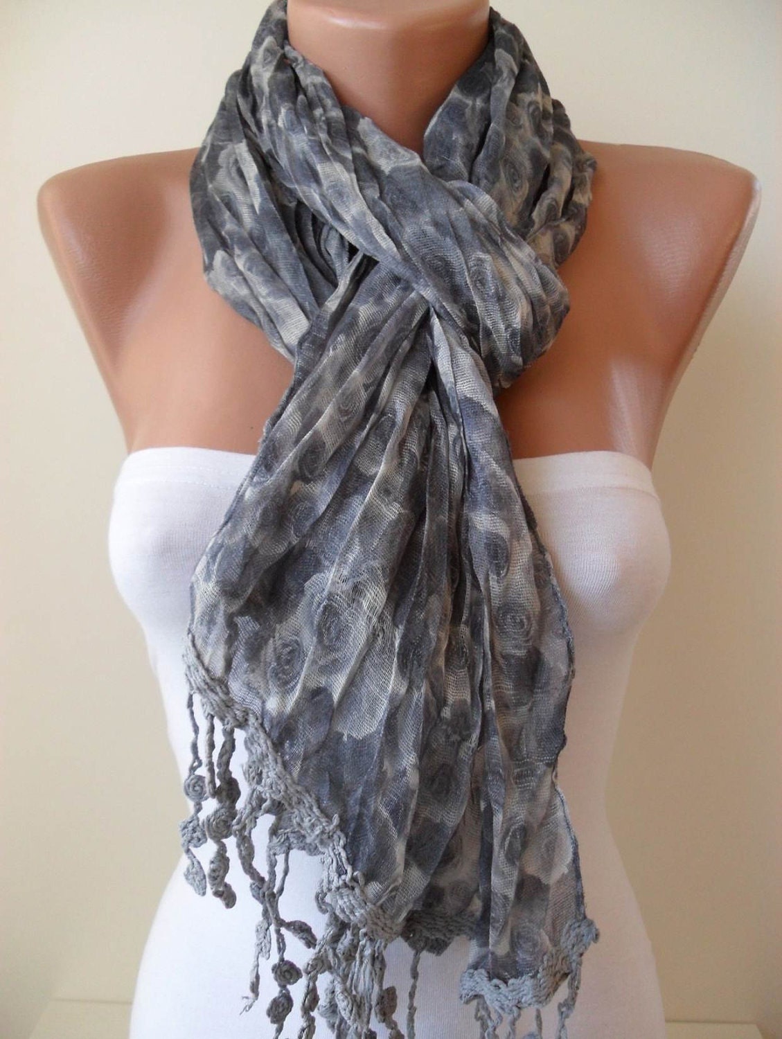 Grey Flowered Scarf - with Grey Trim Edge - Spring Trend