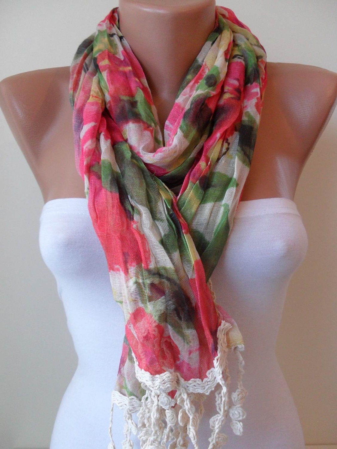 New - Colorful Flowered Scarf - with Beige Trim Edge