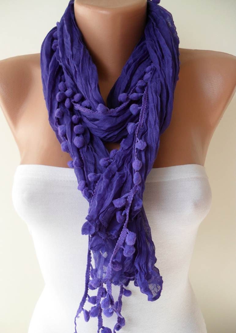 New - Mother's Day Gift -  Purple Cotton Scarf with Pompom Trim Edge