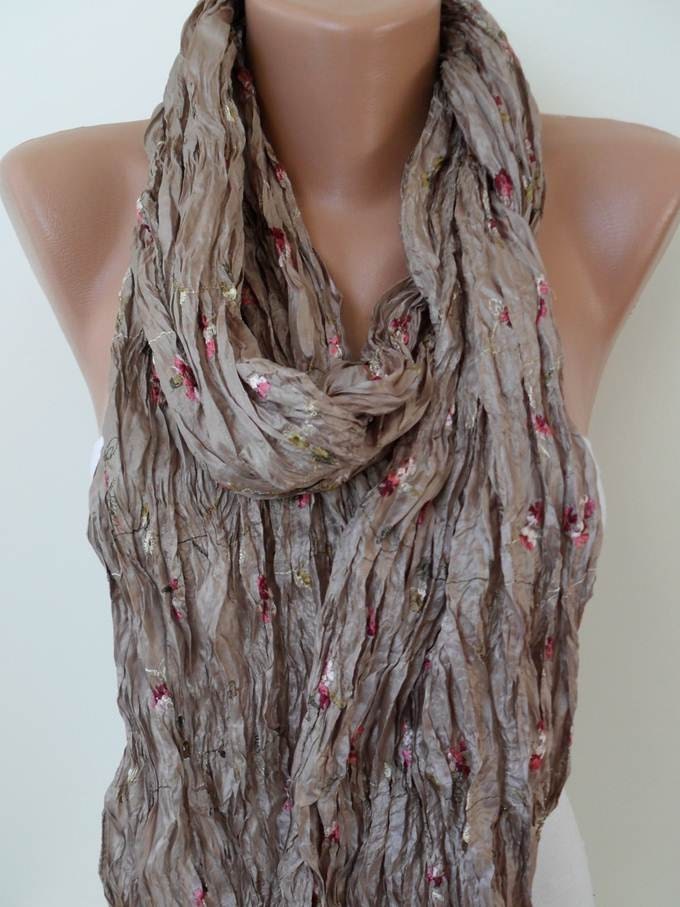Light Brown Scarf - Silky Embroidered Fabric