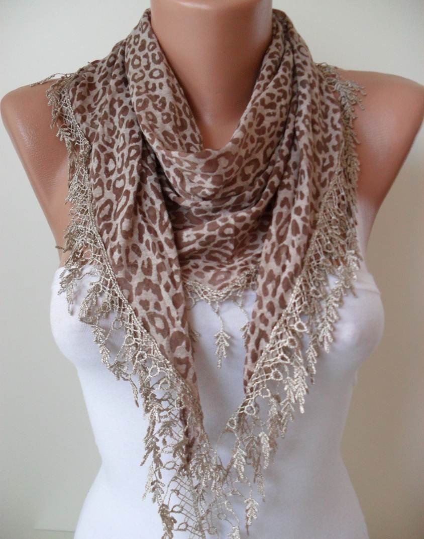 Brown - Leopard Print  Scarf with Trim Edge