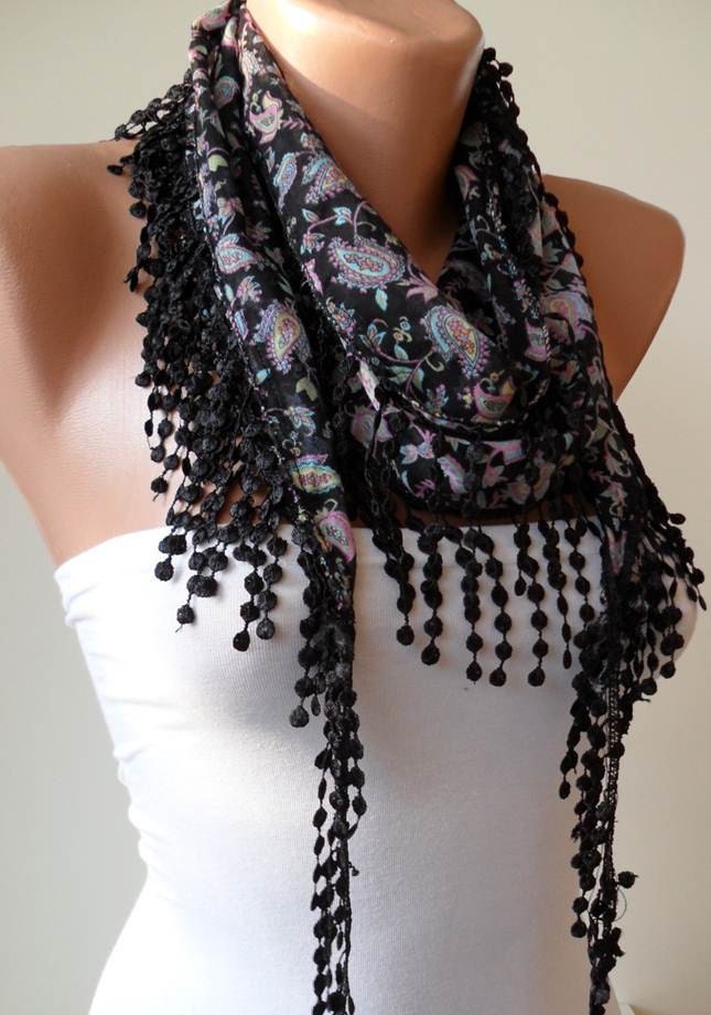SALE - Black and Colorful Scarf with Black Trim Edge