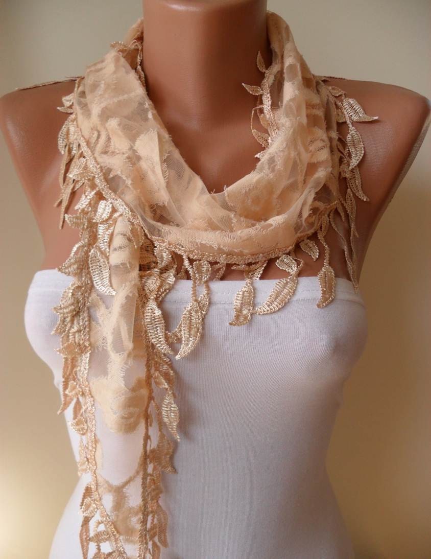 Mother's Day - Tan Scarf with Lace Trim Edge Shaped Leaves