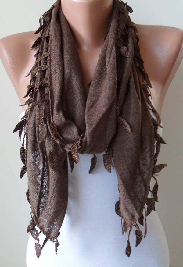 Brown Scarf - with Brown Lace Trim Edge Shaped Leaves