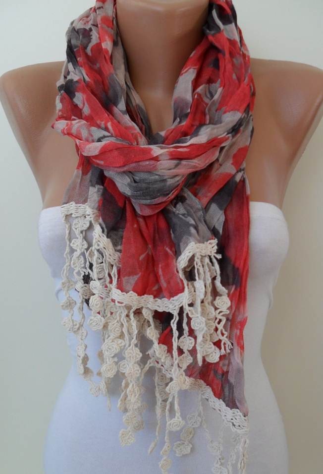 New - Red and Gray Scarf - with Beige Trim Edge