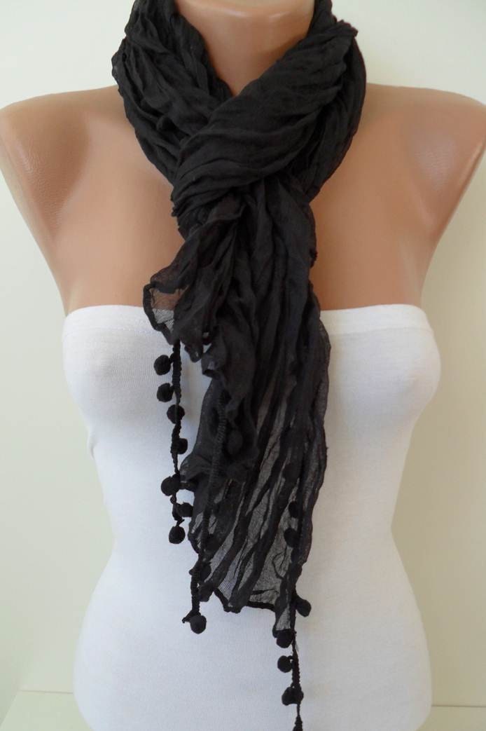 Black Scarf with Pompom Trim - Cotton Fabric