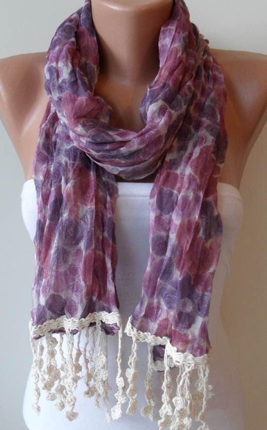 SALE SALE - Purple Linen Flowered Scarf - with Beige Trim Edge