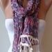 SALE SALE - Purple Linen Flowered Scarf - with Beige Trim Edge