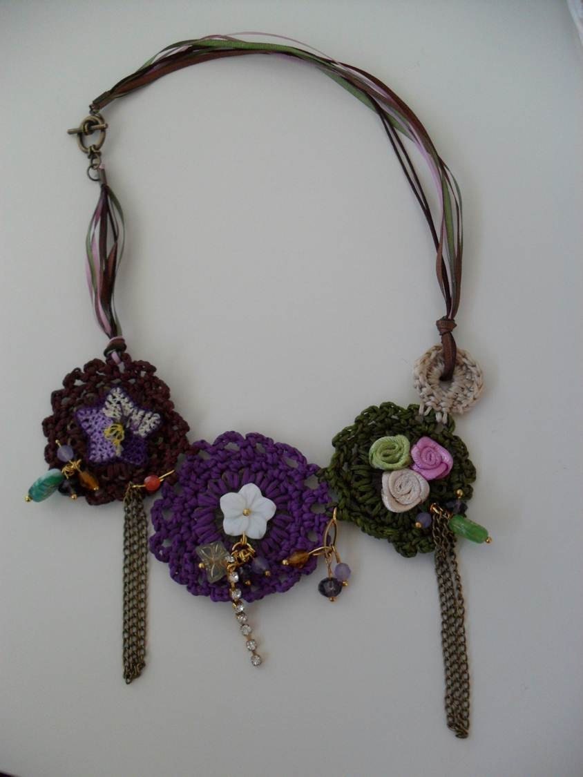 Crochet Necklace with Lace and Fabric Flowers - Speacial Design
