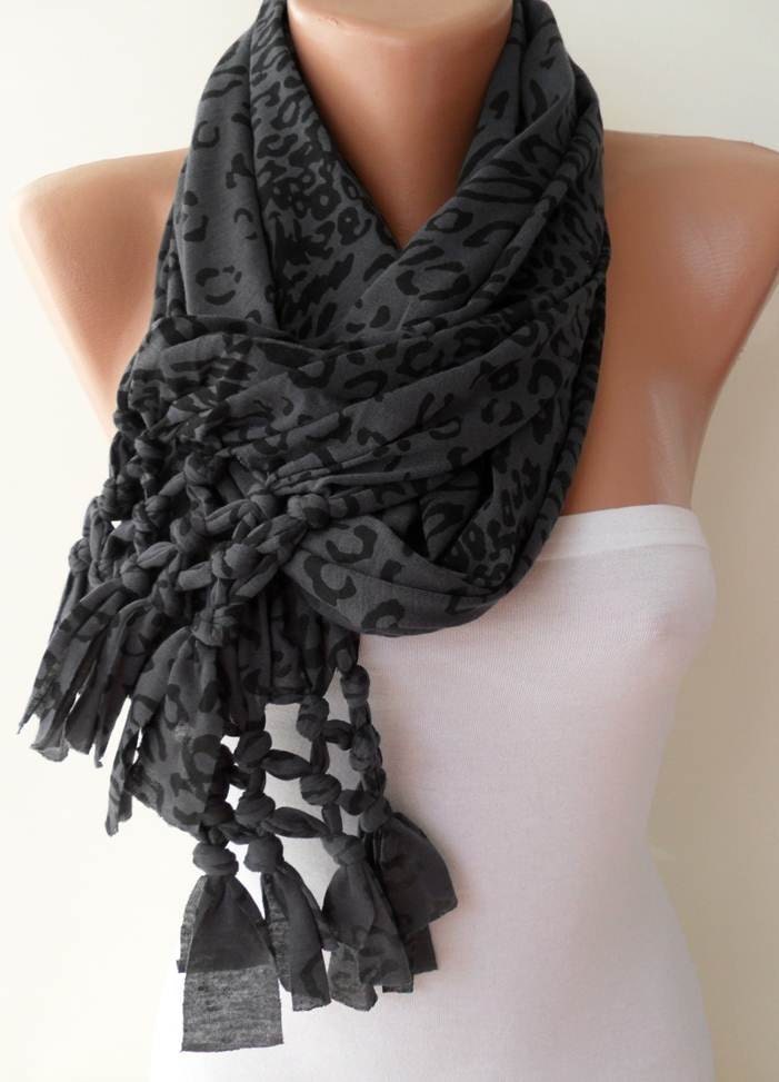 Mother's Day Gift  - ON SALE - Dark Gray and Black Leopard Scarf