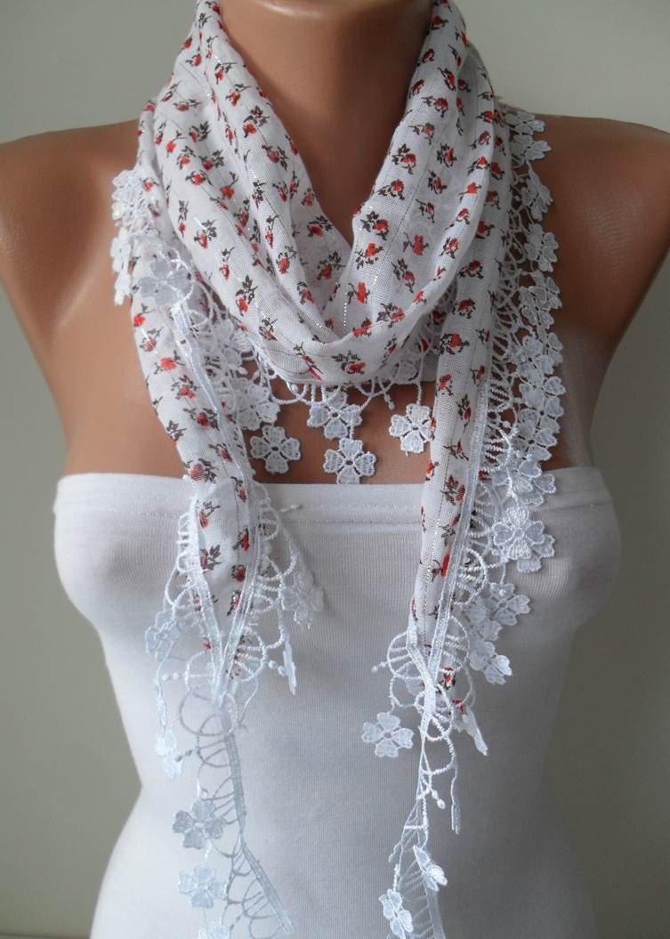 White Scarf with Orange Flowered Fabric - with White Trim Edge