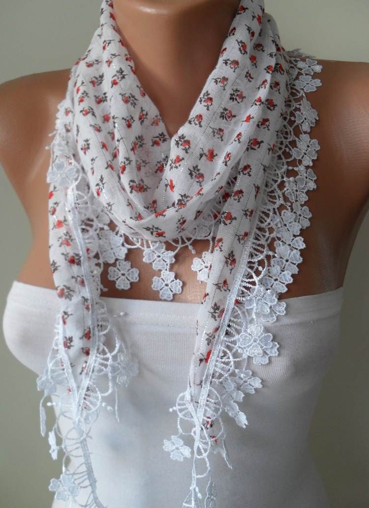 White Scarf with Orange Flowered Fabric - with White Trim Edge