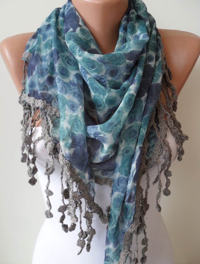 Blue Flowered Scarf - with Grey Trim Edge - Triangular