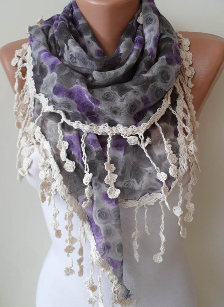 Linen Scarf - Purple and Grey Flowered Scarf - with Grey Trim Edge - Triangular