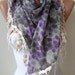 Linen Scarf - Purple and Grey Flowered Scarf - with Grey Trim Edge - Triangular