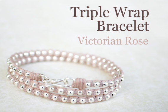 Victorian Rose Waxed Irish Linen Wrap Bracelet with Sterling Silver Beads and Thai Silver Hook Clasp