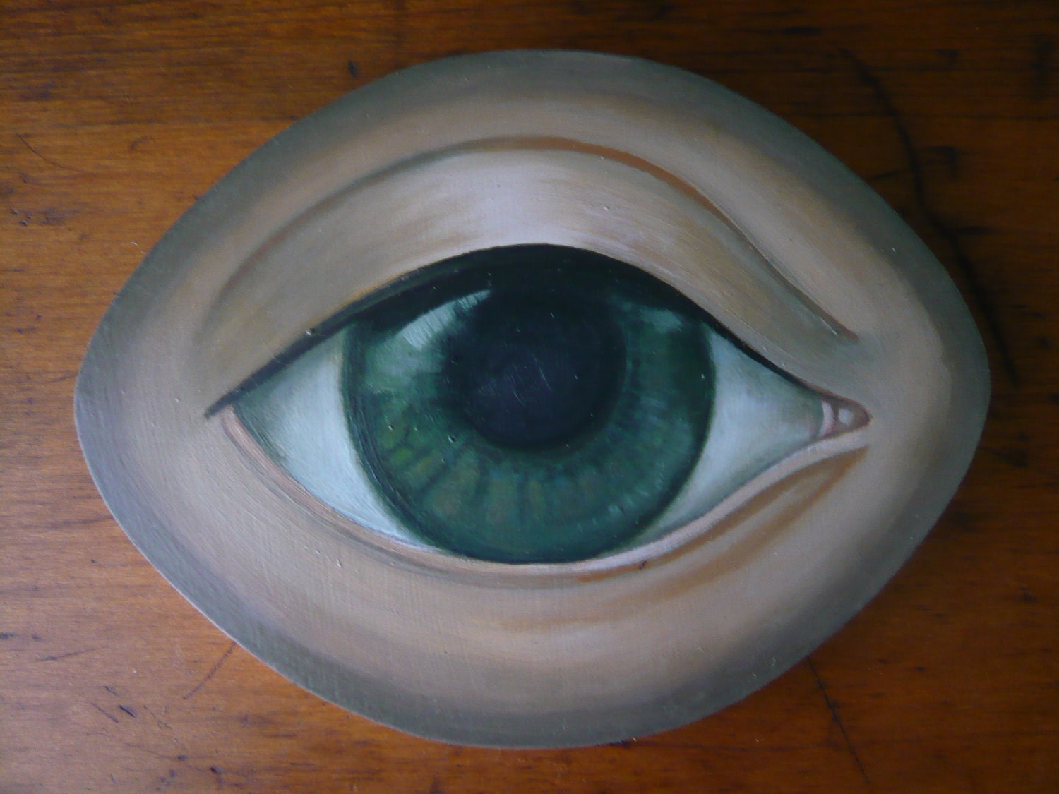 Green Eye Oil Painting on Wood Panel with Genuine 16 Karat Gold Leaf