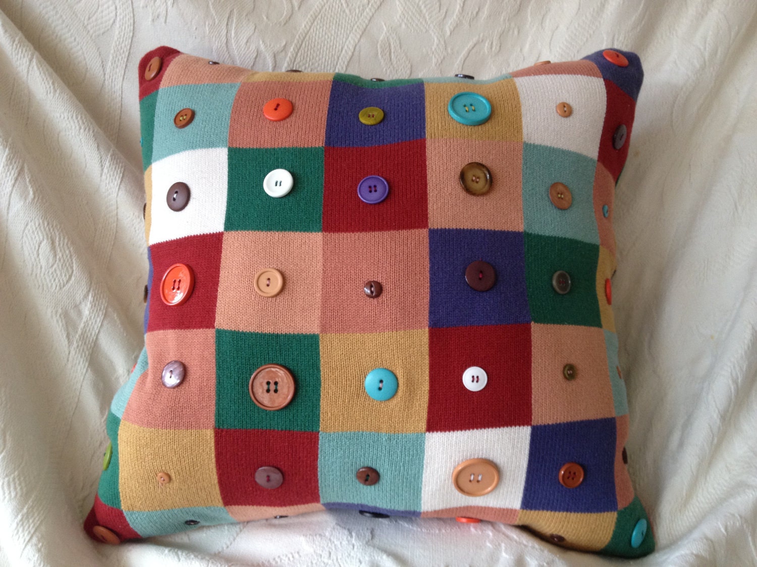 Upcycled Multi-Color Sweater Button Pillow