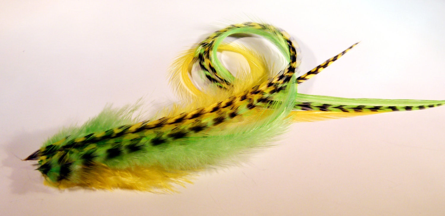 Hair Feathers Extensions, Lime Green, Yellow Grizzly