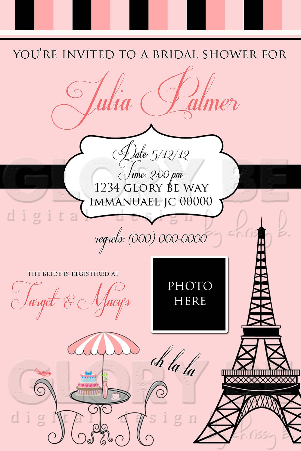 Paris Themed Bridal Shower Personalized Invite--Ready to Print