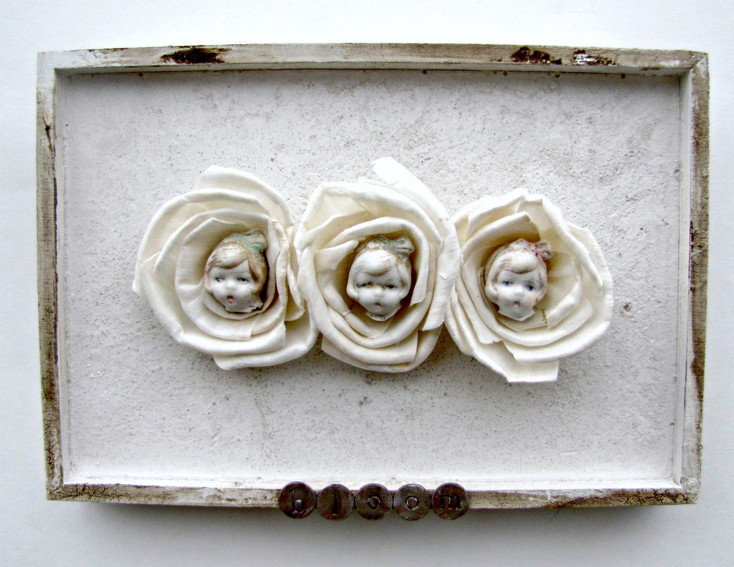 Antique Rose Doll Mixed Media Shadow Box Assemblage OOAK